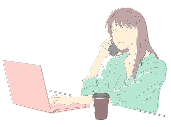 パソコンの前で電話をする女性のイラスト